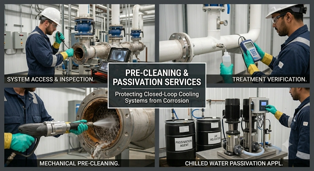 Pre-cleaning and passivation services for closed-loop cooling systems